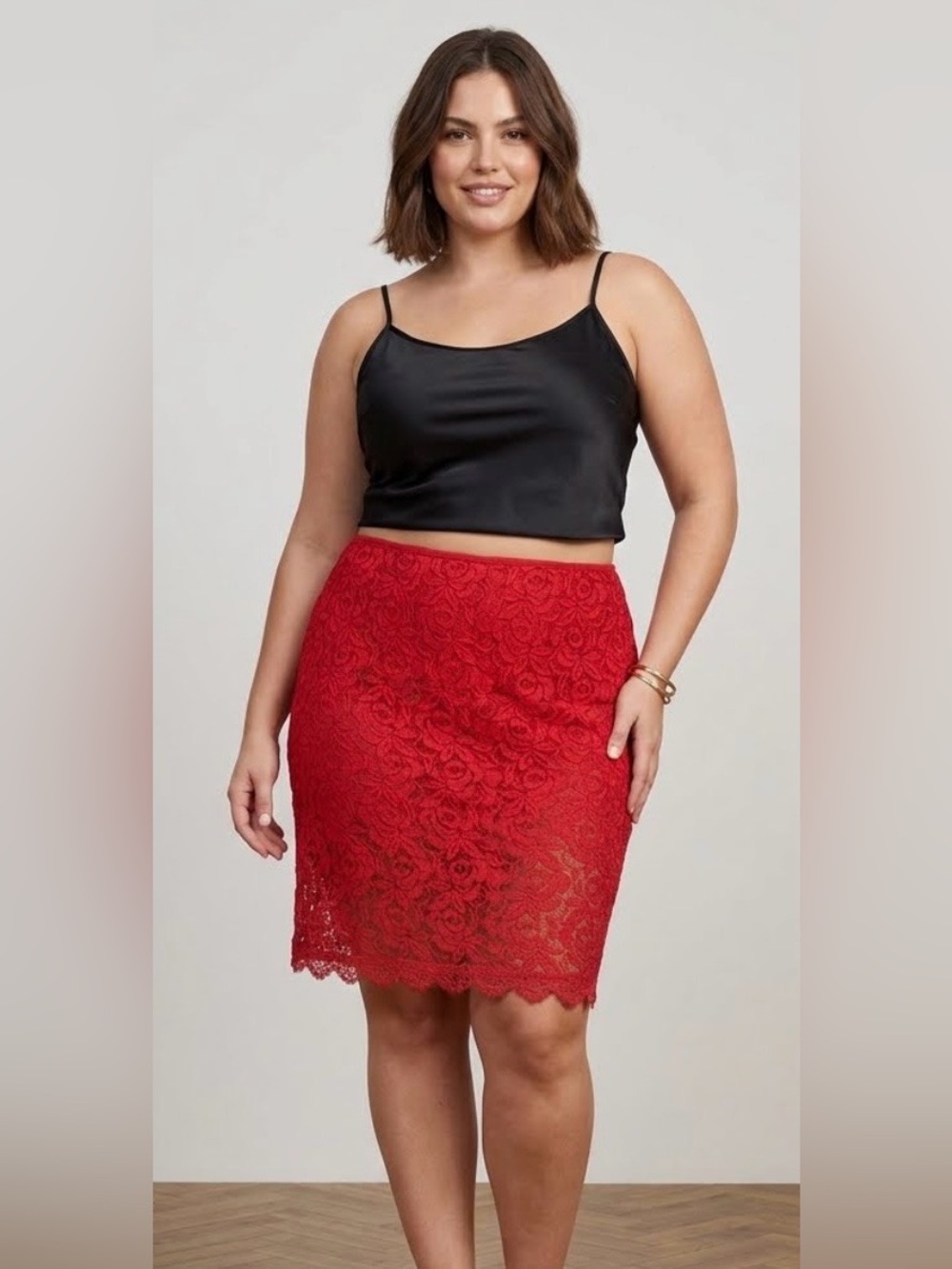 Monif C. Red Floral Rose Lace Pencil Skirt